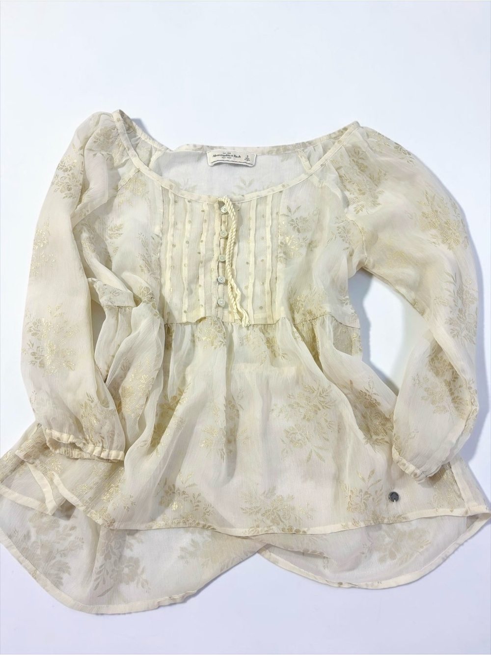 Y2K Abercrombie & Fitch Babydoll Peasant Blouse Sheer Gold Cream Floral S